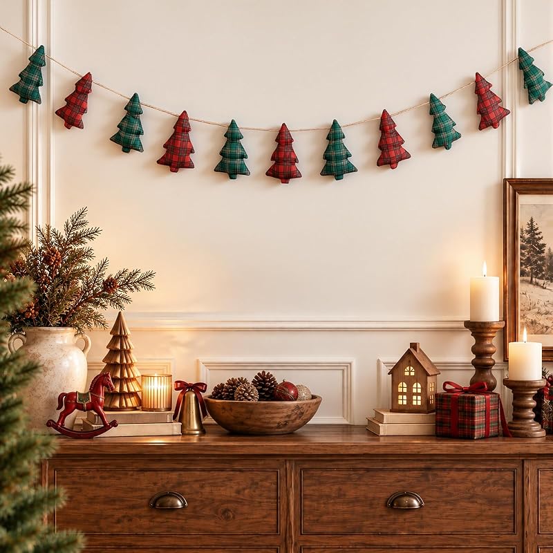 Christmas Garland Banner with Red & Green Plaid Trees for Mantle - Farmhouse Decor