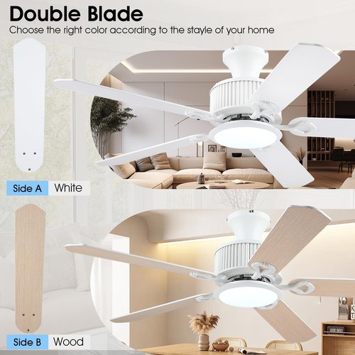 Surtime 52" Ceiling Fans with Lights-Low Profile Ceiling Fan with Light and APP&Remote Control,Flush Mount Ceiling Fan for Indoor/Outdoor,3 Colors Dimmable,5 Reversible Double-Sided Blades（White）