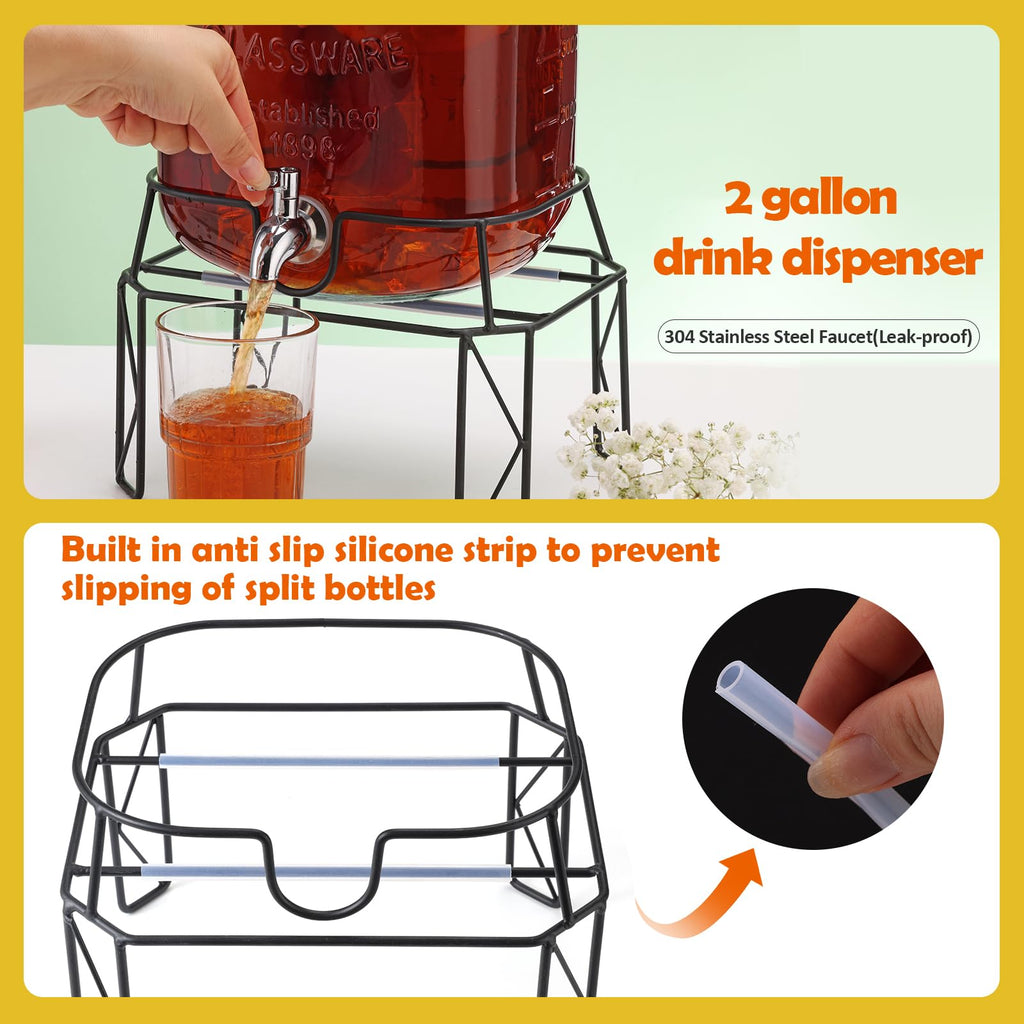 2 Gallon Drink Dispensers with Stand, Glass Beverage Dispenser with Stainless Steel Spigot and Bamboo Lid,Lemonade Dispenser,Glass Drink Dispensers for Parties, Weddings