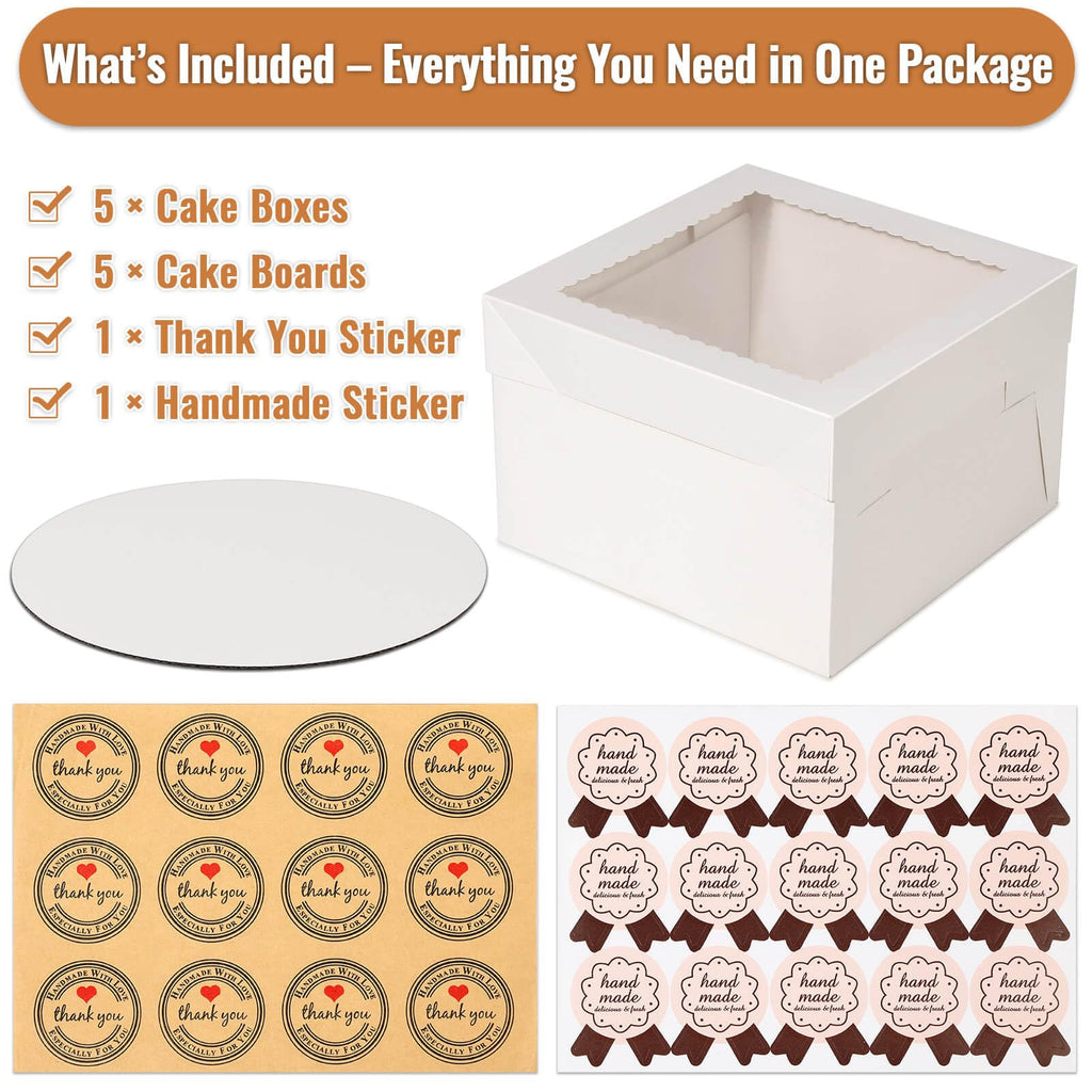 Tetutor 12 Pcs Cake Boxes 12 inch,12x12x8 Inches Cake Box with Window, 5 Pcs Tall 12x12 Cakes Boxes with 5 Pcs Cake Boards, Large Baking Boxes, White Square Cakes Containers for Multi-Layer Cakes