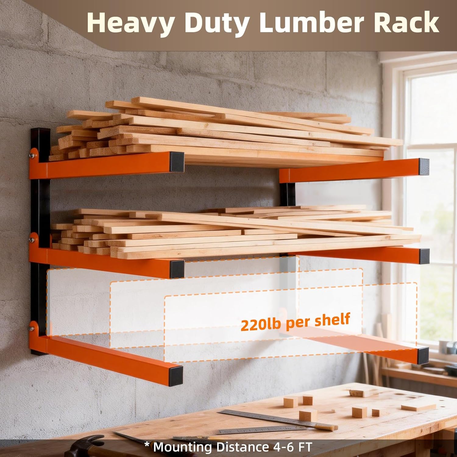 Skiennix Wall Mounted Lumber Storage Rack - Heavy Duty Steel Organizer for Garages & Workshops