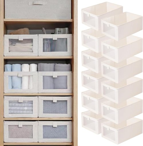 Linen Closet Organizers - 12 Pack Foldable Storage Bins with Clear Window for Clothing & Jeans