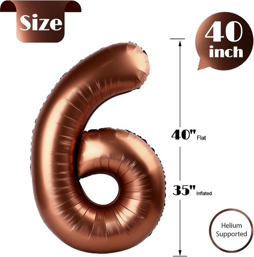 Coffee Brown 40-Inch Number 6 Balloons - Dark Brown Birthday Decorations for 6th Party