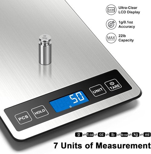 Fuzion Digital Kitchen Scale - 22lb Capacity, Rechargeable, Tempered Glass & Stainless Steel Finish