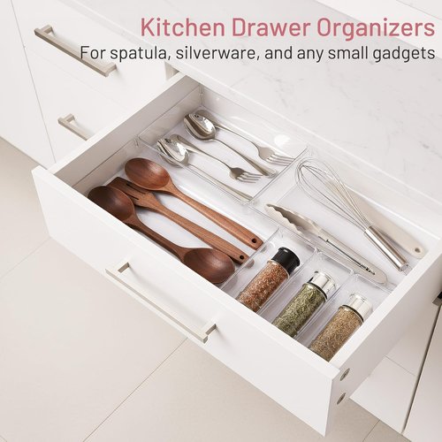 Clear Plastic Drawer Organizer Bins by Skiennix - 8 Pack Heavy Duty Storage Trays for Kitchen & Bathroom