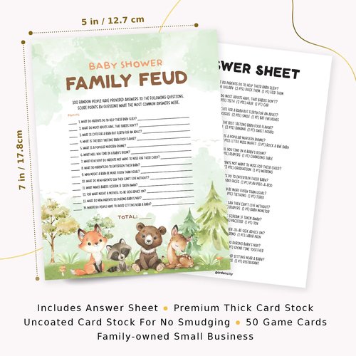 50 Baby Shower Family Feud Game Cards, Woodland Baby Shower Games Activity for Girl or Boy, Gender Neutral, Woodland Theme