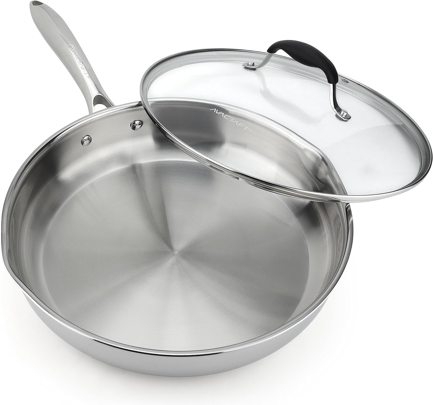 AVACRAFT 10 Inch Tri-Ply Stainless Steel Frying Pan with Lid, Side Spouts, Induction Pan, Versatile Stainless Steel Skillet, Fry Pan in our Pots and Pans (Tri-Ply Stainless steel,10 Inch)