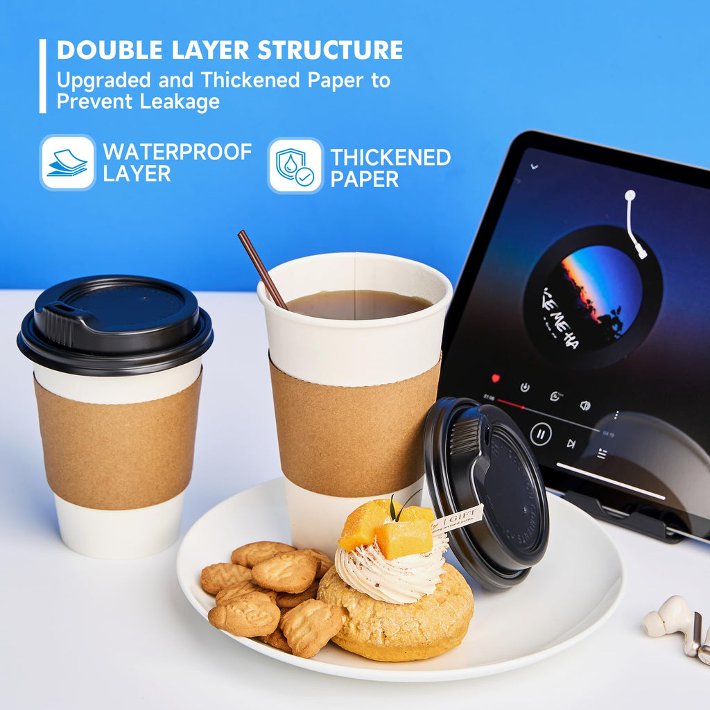 RACETOP 16 oz 100 Pack Disposable Paper Coffee Cups with Lids, Sleeves and Stirrers, Hot Cups, Paper Cups with Lids, Sleeves and Stirrers, Ideal for Home/Office