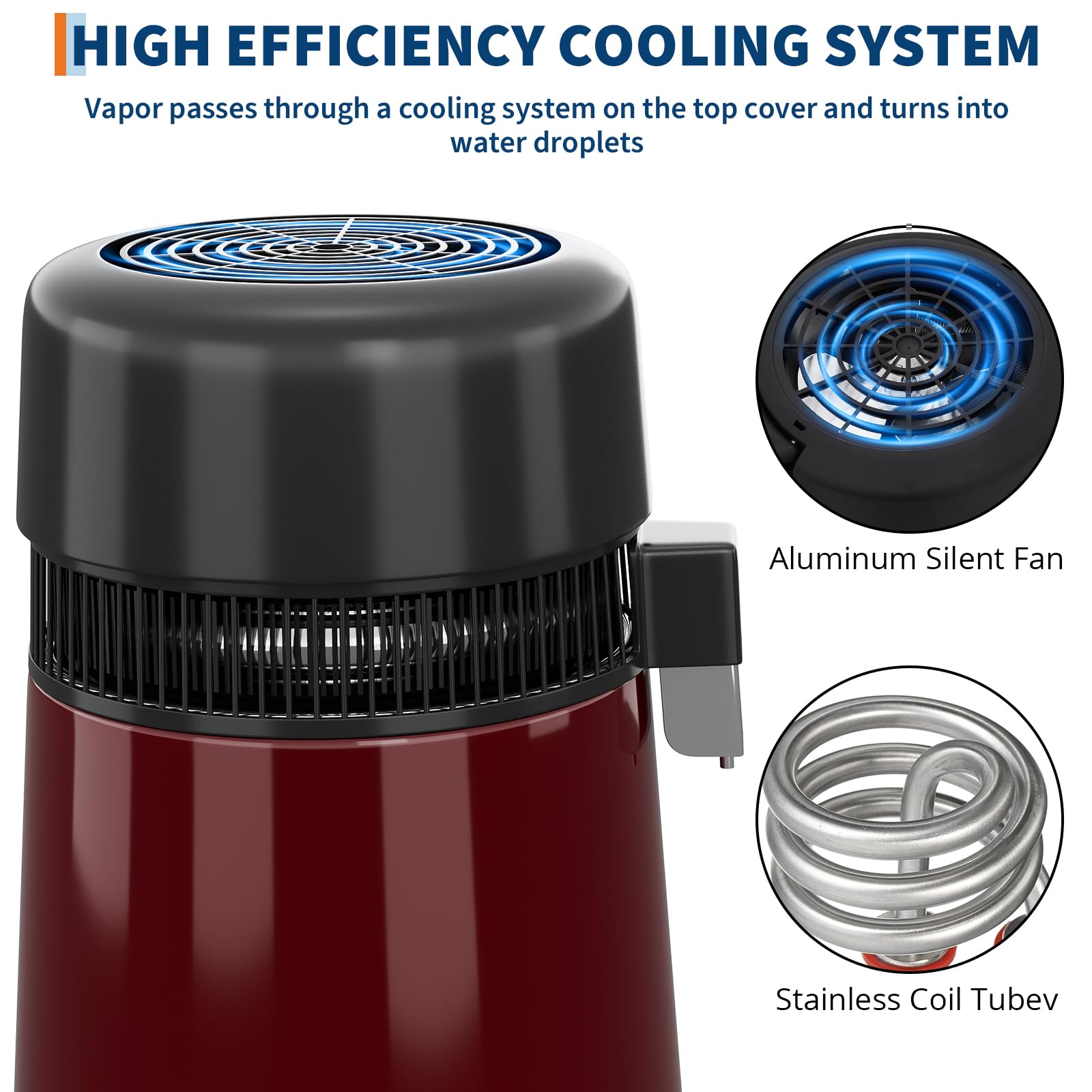 GarveeHome Water Distillers for Home Countertop, 1 gal/4 L Stainless Steel Distilled Water Machine with Glass Container, 750W Desktop Drinking Purifier Filter Distilling Kit, Red