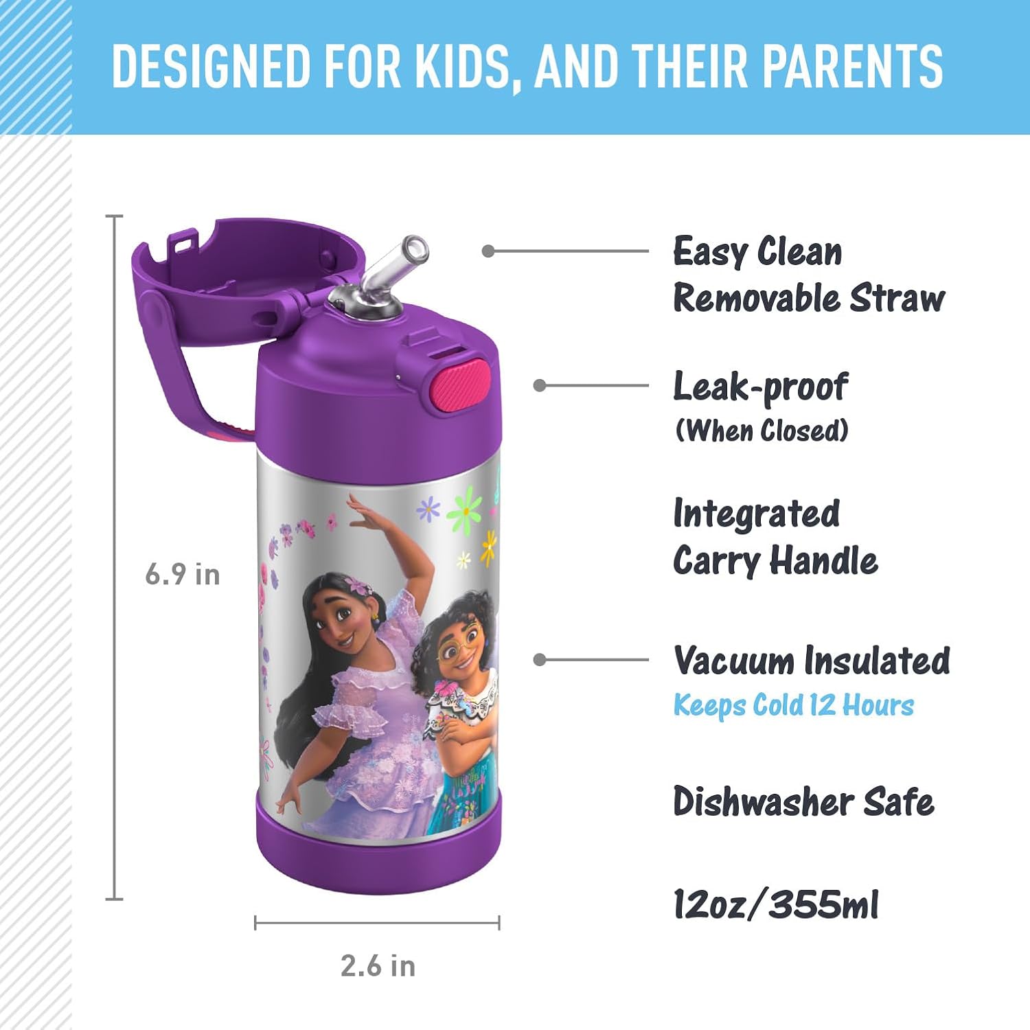THERMOS FUNTAINER Water Bottle - 12 Ounce Kids Stainless Steel Vacuum Insulated with Straw | Encanto Design