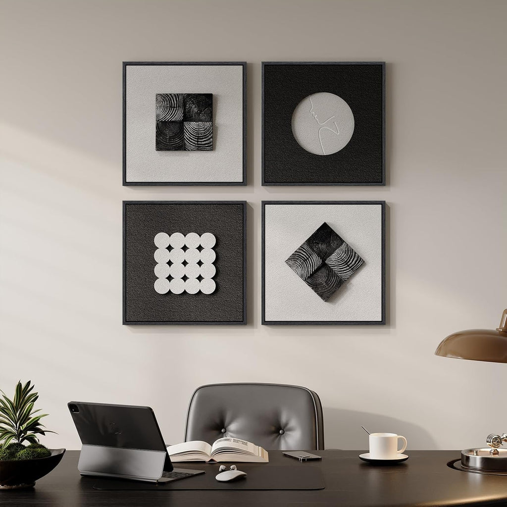 Skiennix 3D Wood Textured Wall Art Set - Modern Black & White Geometric Paintings for Home Decor