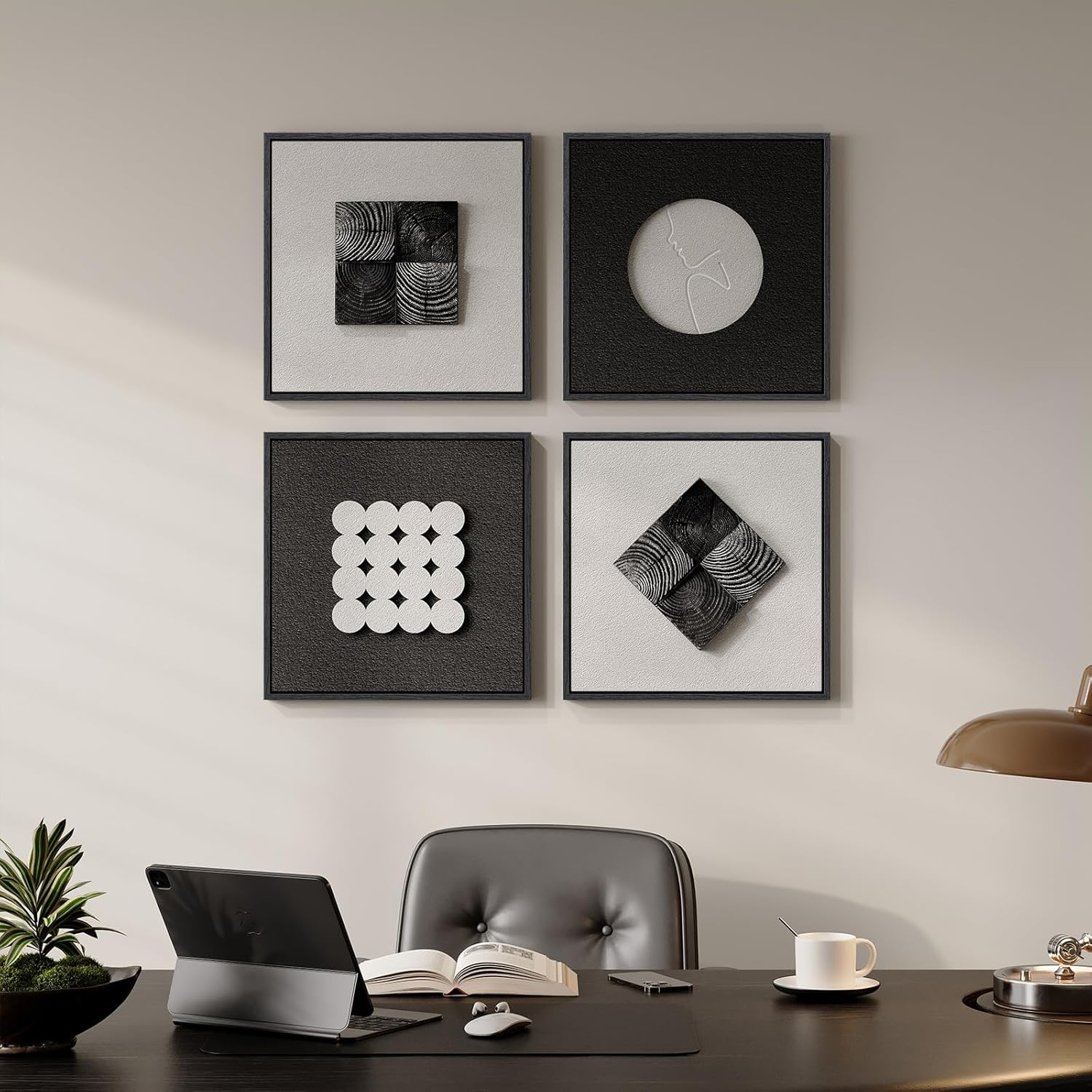 Skiennix 3D Wood Textured Wall Art Set - Modern Black & White Geometric Paintings for Home Decor