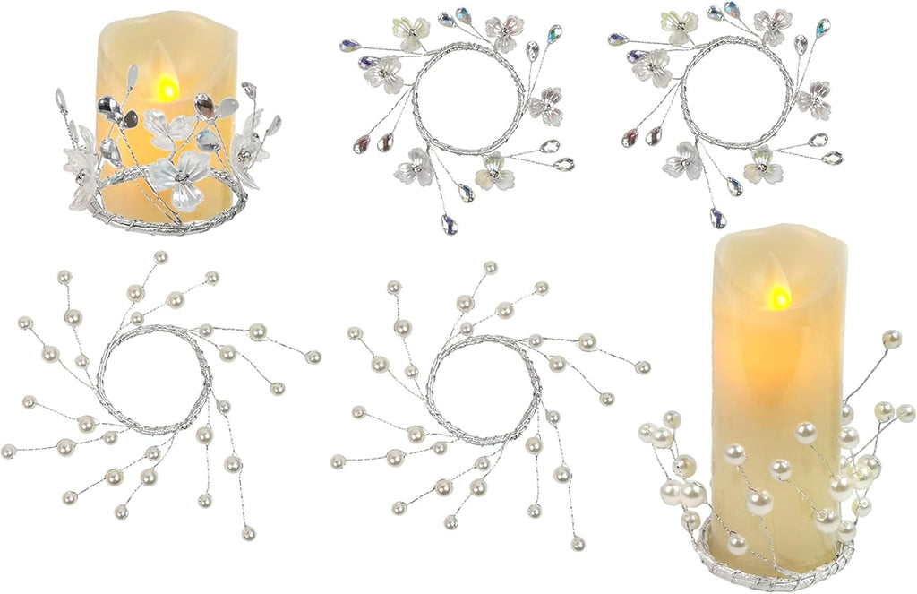 Skiennix Simulated Pearl Beaded Candle Ring Wreath - Elegant 2" Crystal Centerpiece for Home & Events