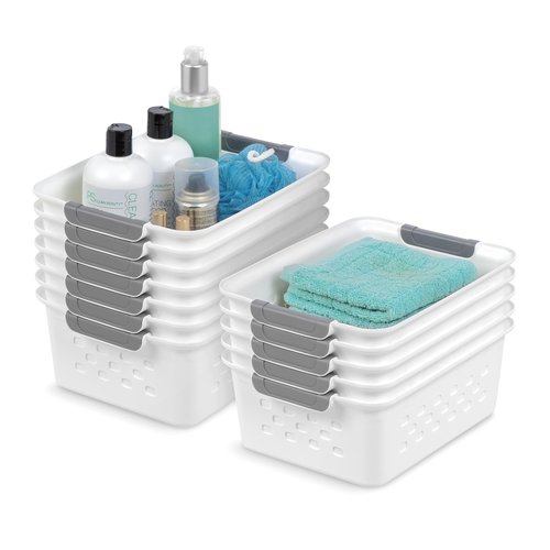 IRIS USA Plastic Storage Baskets, 12-Pack, Made in USA, Shelf Baskets Small Baskets Organizing Bins For Pantry Countertops Closet Shelves Office, Muti-Purpose, Nestable, Easy Carry, White