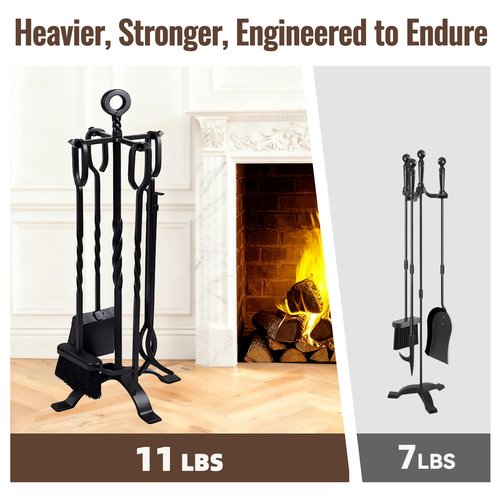 AMAGABELI GARDEN & HOME 5 Pieces Fireplace Tools Set Indoor Wrought Iron Fire Place Pit Large Poker Wood Stove Log Firewood Tongs Holder with Handles Modern Black Outdoor Accessories Kit