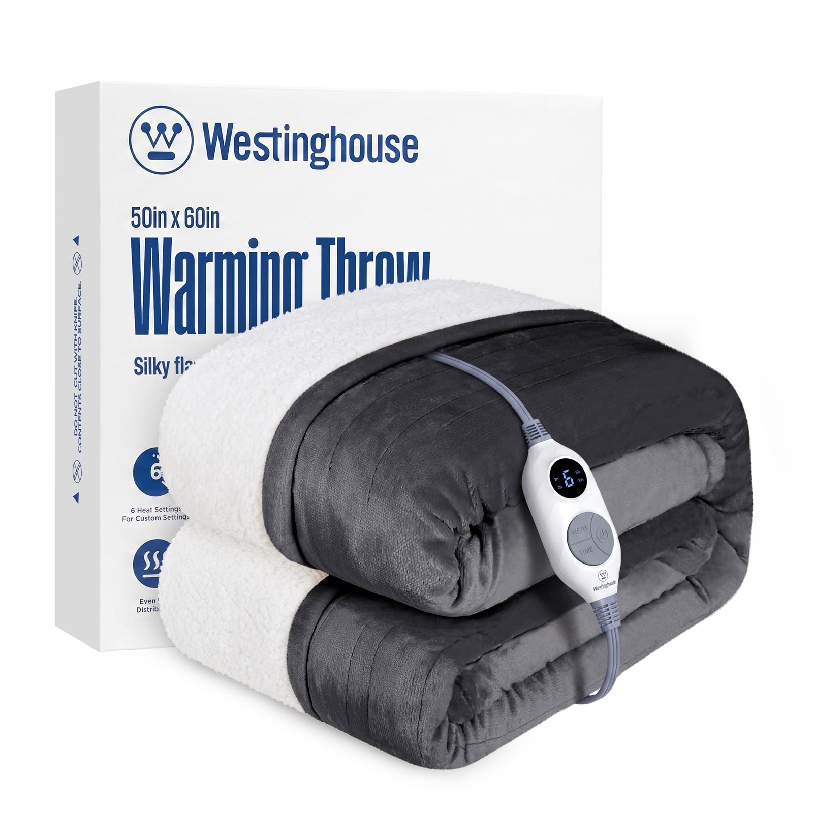 Westinghouse Heated Throw Blanket, Electric Blanket Throw with 6 Heating Levels and 2-10 Hours Time Settings, Flannel to Sherpa Super Cozy Heated Blanket Machine Washable, 50x60 inch, Charcoal