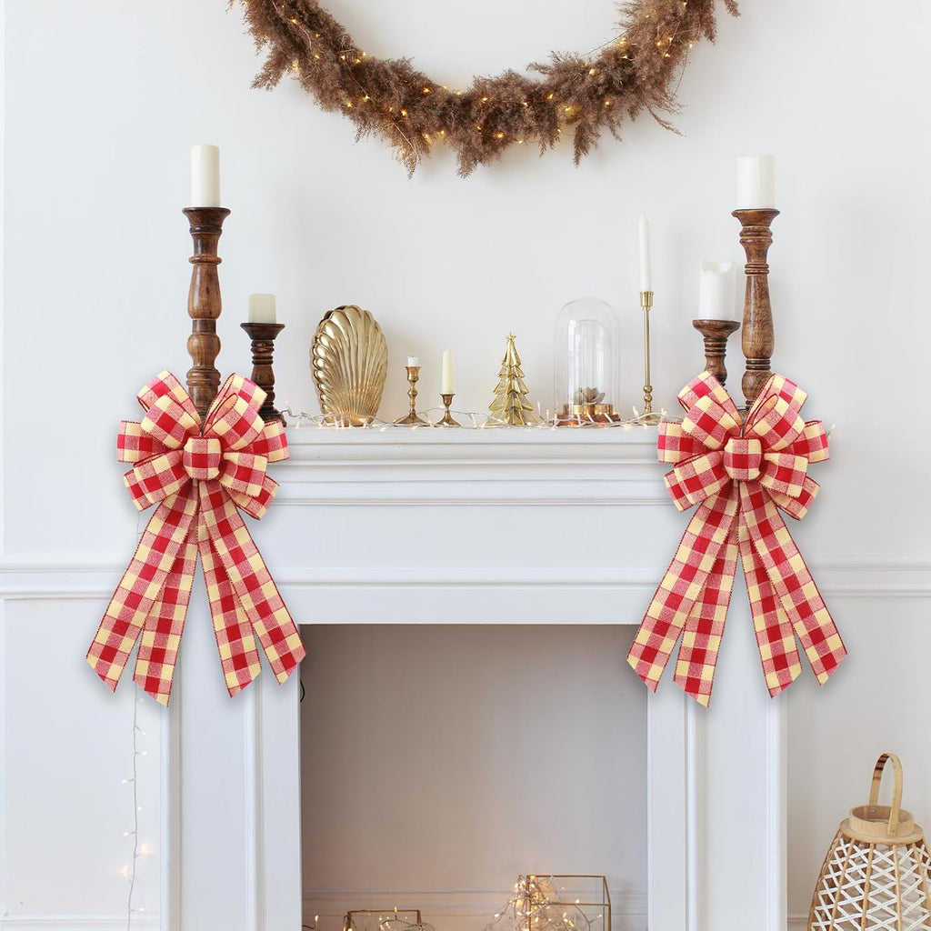 Regine Switzerland Large Red Linen Buffalo Plaid Wreath Bow - Rustic Farmhouse Decor for Weddings & Holidays