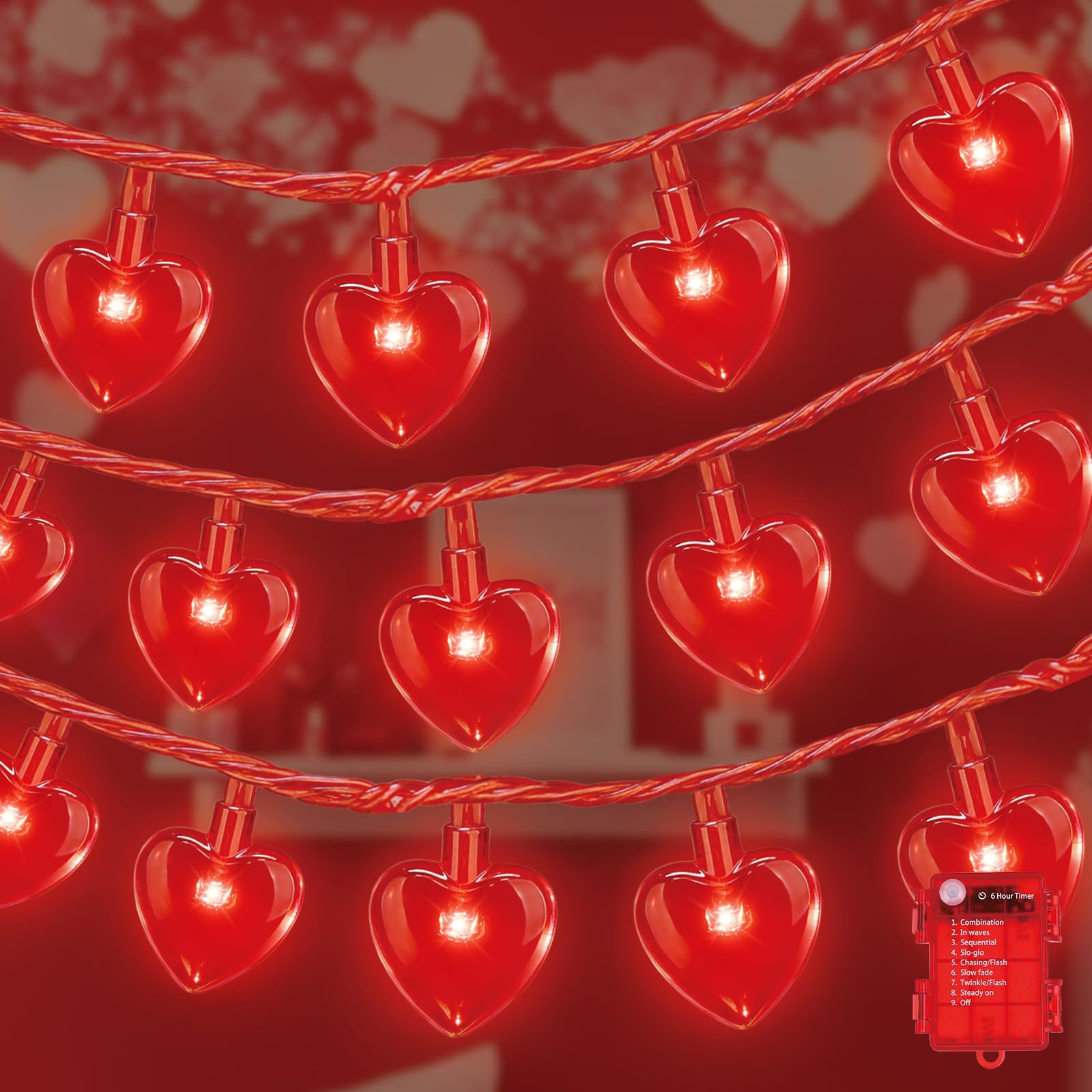 LAMPHOME Valentine's Day String Lights, 16.1 FT 50 LED Heart Red String Light, Romantic Fairy Lights Battery Operated Timer, Valentine Decor for Indoor Outdoor Wedding Anniversary Holiday Party
