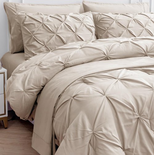 Queen Size Comforter Set - 7 Piece HotelQuality, Queen Bed in a Bag Comforter - Premium Soft-Touch Microfiber - Pintuck-Stitch Bedding Collection - All-Season Bed Set with Easy Care Comforters - Beige