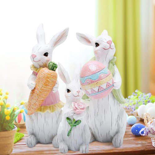 Hodao Easter Bunny Decorations - Spring Indoor Home Decor | White Bunny Family Figurines