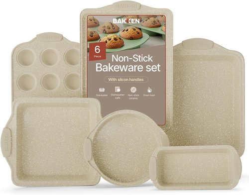 BAKKENMASTER 6-Piece Nonstick Baking Pan Set - Professional Carbon Steel Bakeware with Marble Coating & Silicone Handles