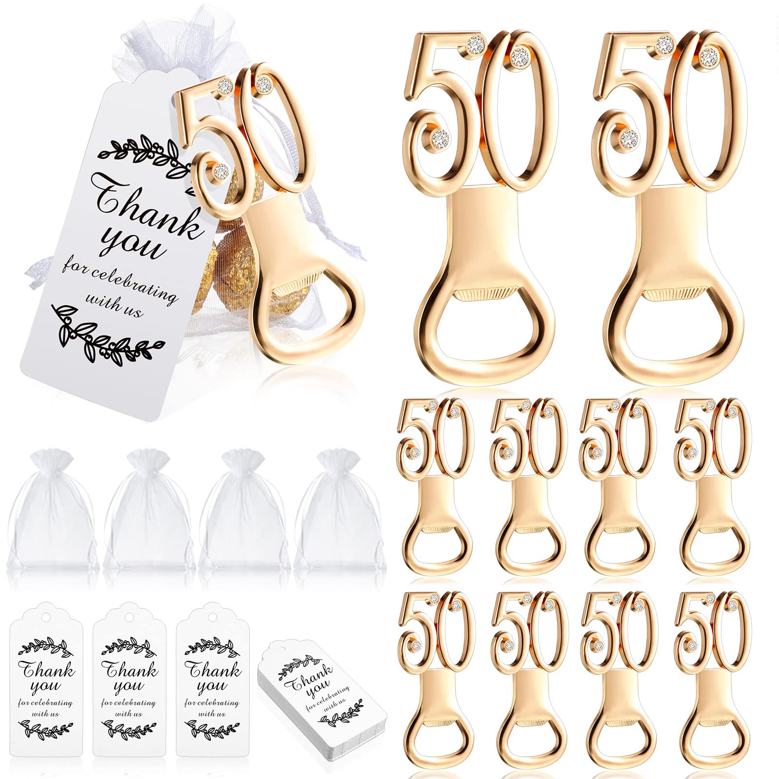 Baderke 50 Packs 50th Golden Bottle Opener Set 50th Birthday Party Favor Openers with Thank You Tags Organza Bags 50th Party Wedding Anniversaries Souvenirs Favors Decorations for Guests