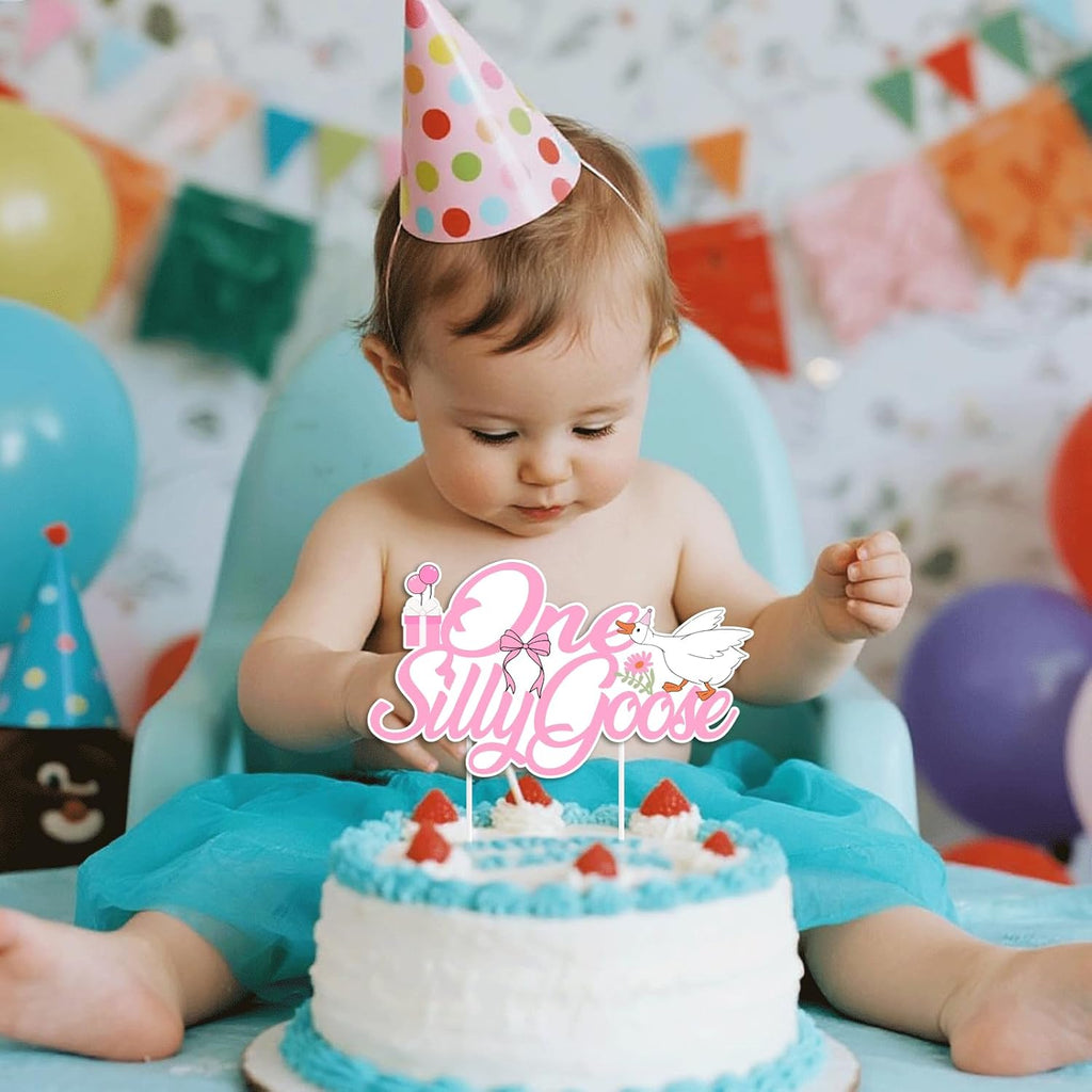 One Silly Goose Birthday Cake Topper - Fun Goose Theme Decorations for 1st Birthday | Cupcake Photo Props