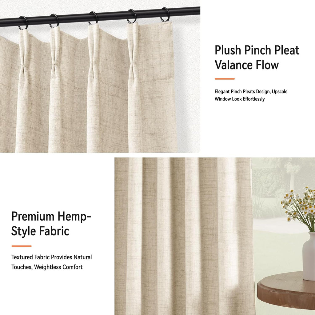 Skiennix 100% Blackout Linen Pinch Pleated Curtains - 96 Inch Long, Cream 2 Panel Set for Bedroom & Living Room