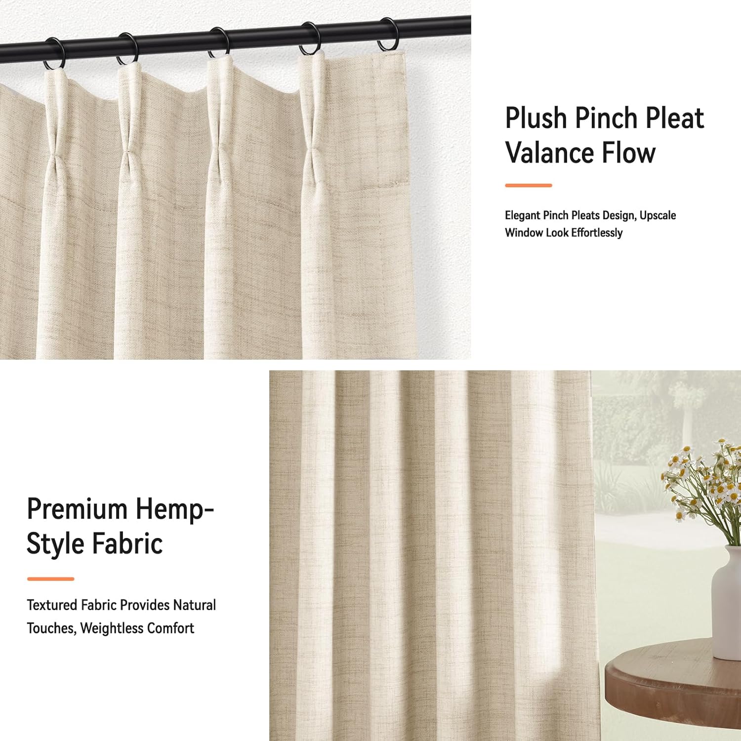 Skiennix 100% Blackout Linen Pinch Pleated Curtains - 96 Inch Long, Cream 2 Panel Set for Bedroom & Living Room