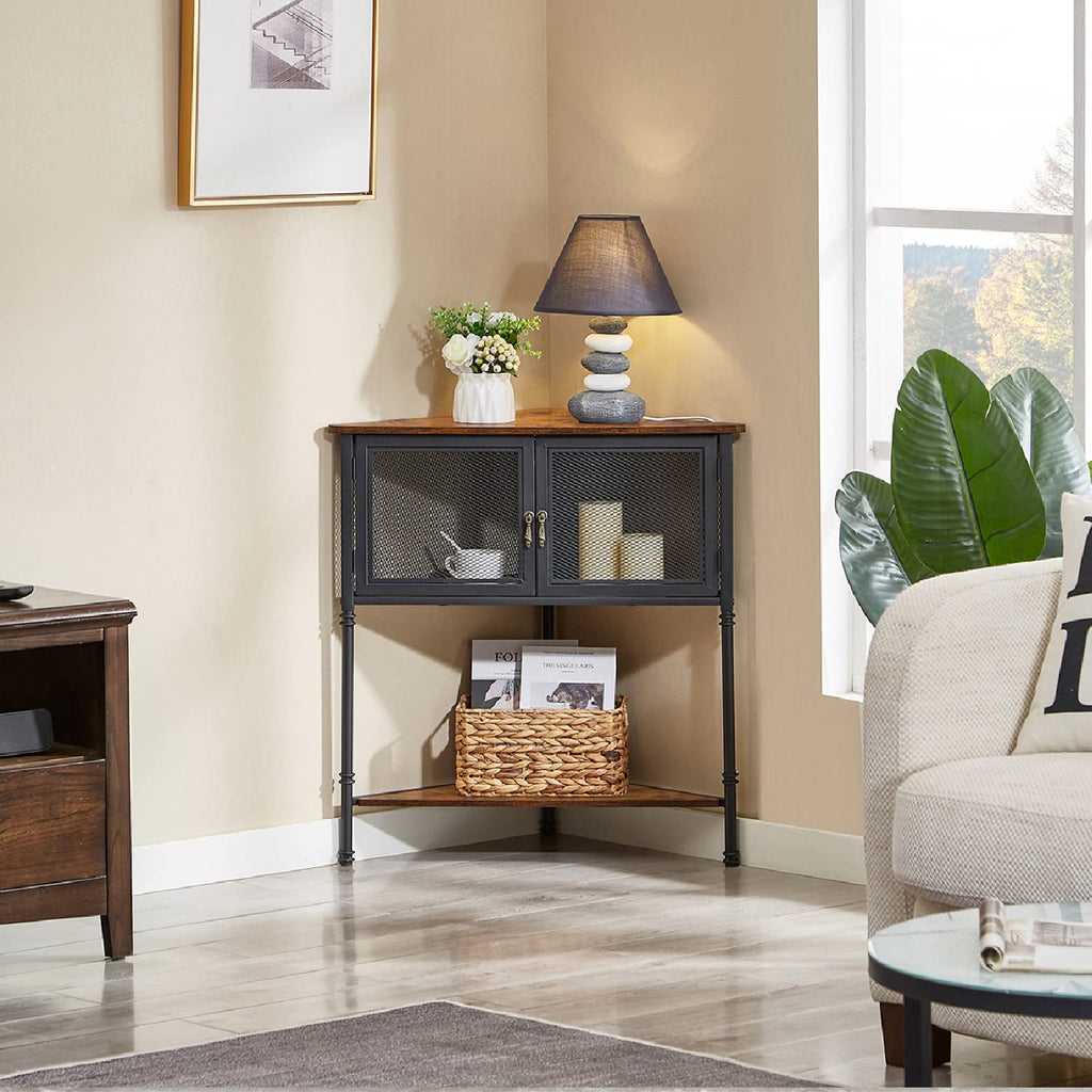 VECELO 3-Tier Corner Shelf with Storage Cabinet, 29" Tall Multiple Purpose Free Standing Shelves Organizer for Small Spaces, Living Room, Bedroom, Kitchen, Balcony, Brown