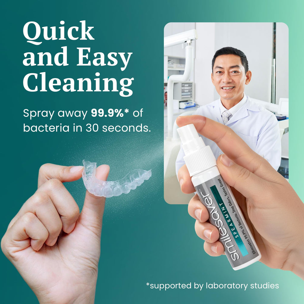 Smilesaver Retainer Cleaner Spray – Invisalign, Mouth Guard, and Denture Cleaner – Quick Oral Care for Aligner & Retainer Hygiene – Natural, Portable & Minty Fresh Oral Care Products (1oz) (Pack of 2)