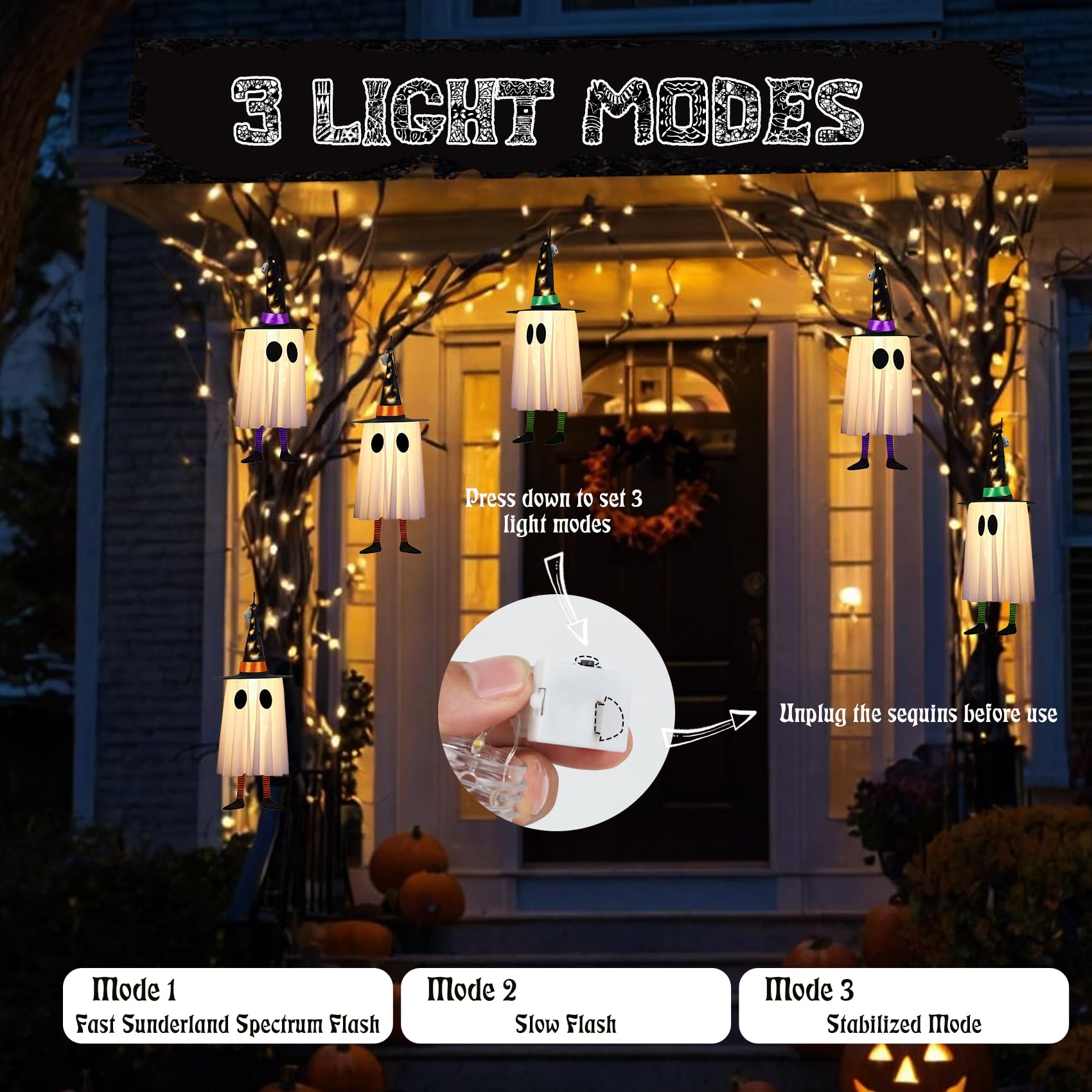 Halloween Decorations Outdoor,Set of 3 Halloween Hanging Decor with Cone Caps, Multiple Lighting Effects, Cute Lighted Glowing Spirits Pointed Hat for Yard Tree Porch Party Decor
