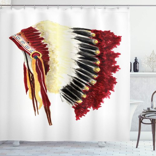 Ambesonne Tribal Shower Curtain, Original Symbolic Eagle Feather Headdress Native Life Style, Cloth Fabric Bathroom Decor Set with Hooks, 69" W x 84" L, Ivory Black