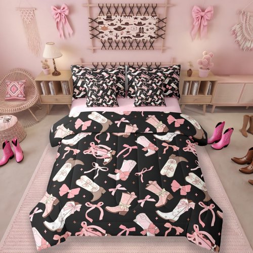 Girls Pink Bow Comforter Set With Sheets Full Size,Cowgirl Coquette Bow 7 Piece Bedding Set Black And Pink Bed In A Bag Western Coquette Boots Sheet Set With Fitted Sheet,Pillowcases & Pillow Covers