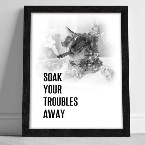 arteWOODS Funny Cat Bathroom Wall Art - Rustic Black Framed Print for Kids' Washroom | 8x10 Inch