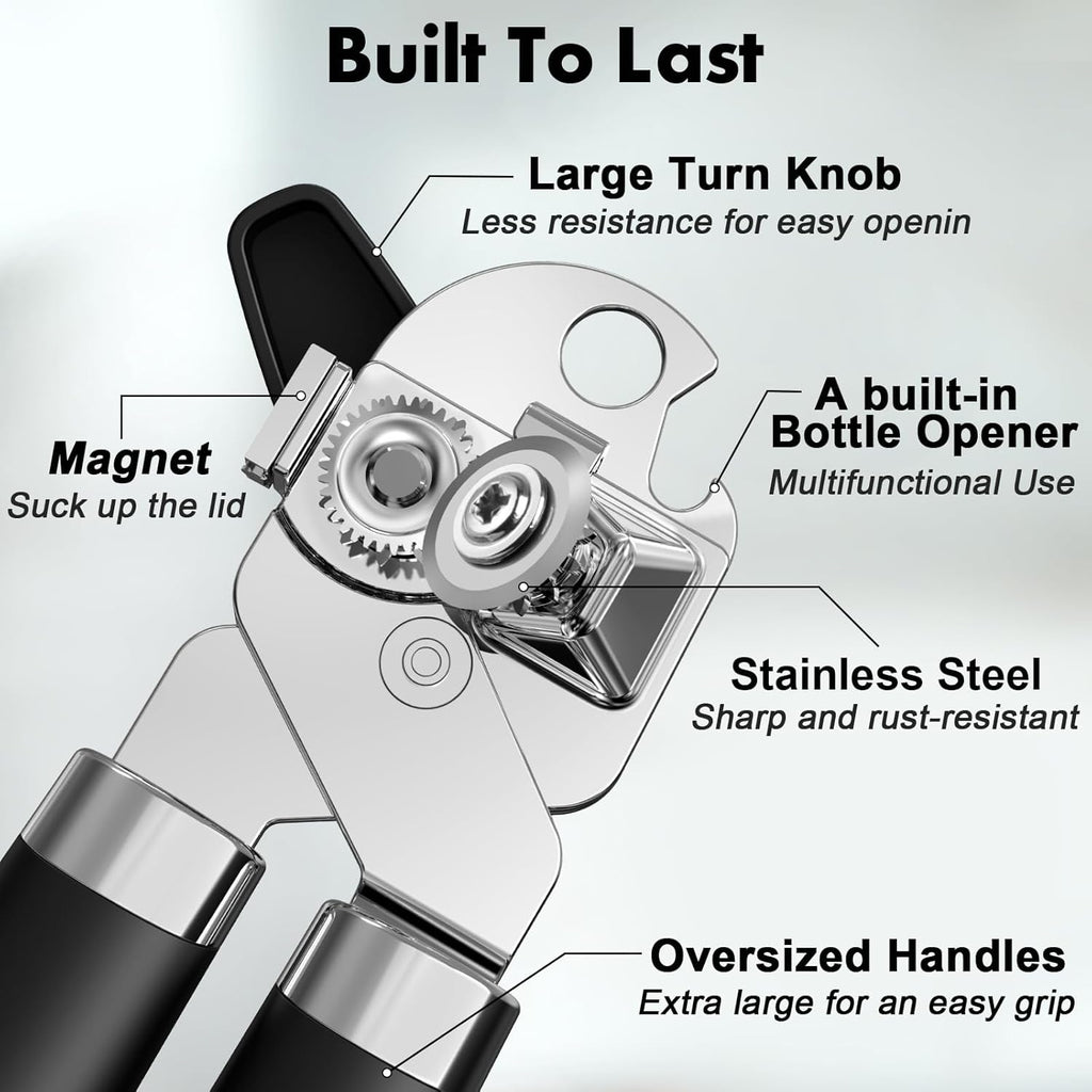 Skiennix Manual Can Opener Set - Heavy Duty Stainless Steel with Smooth Edge & Strong Magnet | 3-Piece Black Kitchen Tool