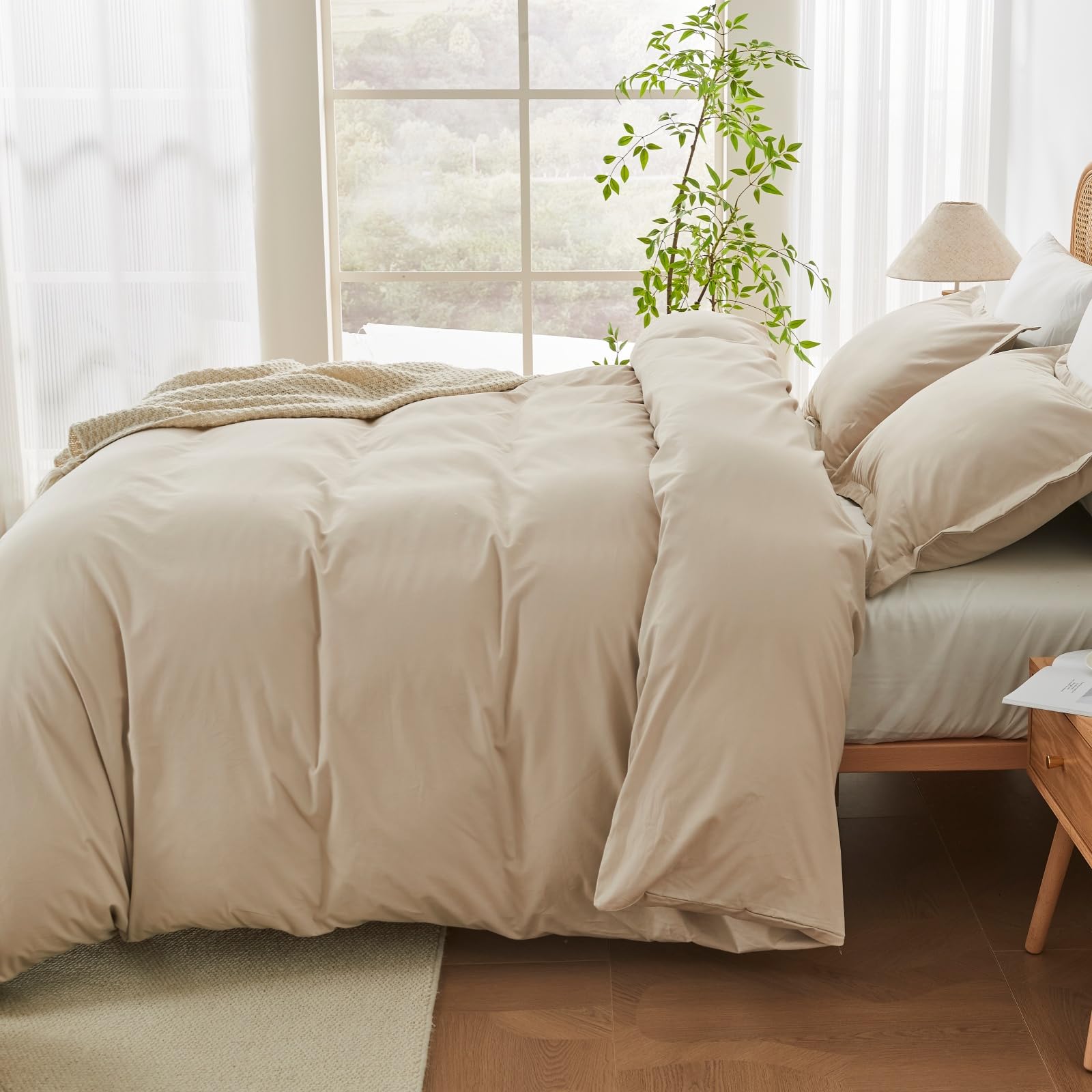 OAITE 100% Washed Cotton Duvet Cover Queen Size Soft Breathable Durable Bedding with Zipper Closure & 8 Corner Ties- 3 Pieces Plain Simple Duvet Cover Set,2 Pillow Shams,1 Duvet Cover(90"x90")