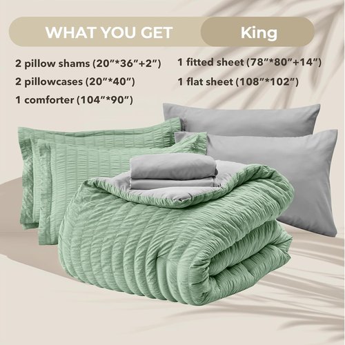 HYMOKEGE King Size Comforter Set - Luxury 7-Piece Bedding in Sage Green & Light Grey | All-Season Seersucker Design