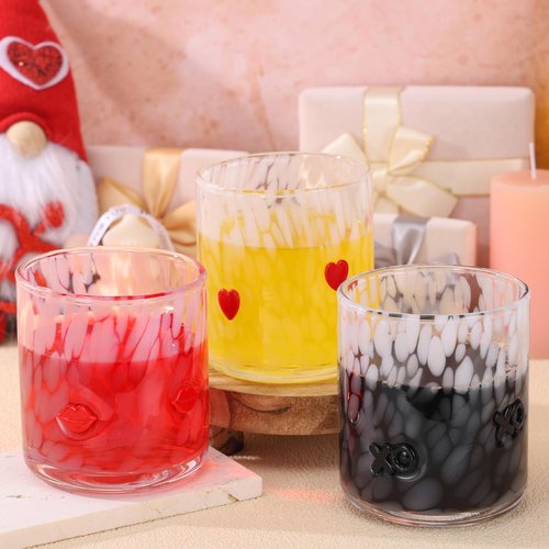 Booson 3 Pcs Valentine's Day Icon Glasses Valentine Juice Glass Cup 16oz Icon Stemless Glasses Lipstick XO Heart Drinking Glass Set for Wedding Engagement Anniversary Romantic Gifts