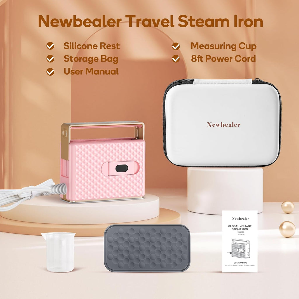 Newbealer Travel Steam Iron - Handheld Steamer with Non-Stick Soleplate & Auto-Off | Pink, Global Voltage 100-240V