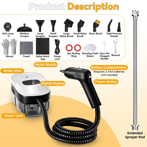 2500W Portable Handheld Steam Cleaner,54oz Large Capacity,3-Level Adjustable Handle,15s Fast Heating Steamer for Cleaning with 20 Pcs Accessories,Plug-and-Play Steam Cleaner for Home,Car,Kitchen,More