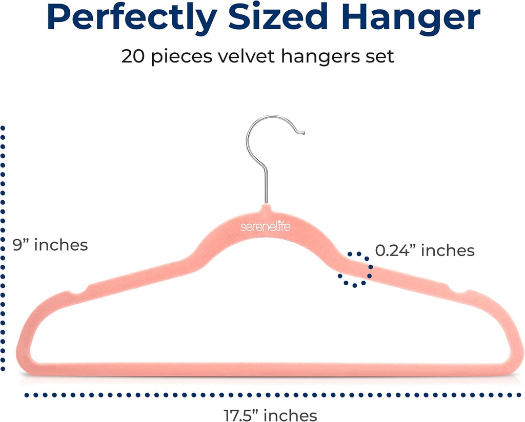 SereneLife Velvet Hangers - Non-Slip Felt Design with 360° Swivel Hook - Ultra-Thin & Space-Saving for Shirts, Sweaters, Kids Clothes & More
