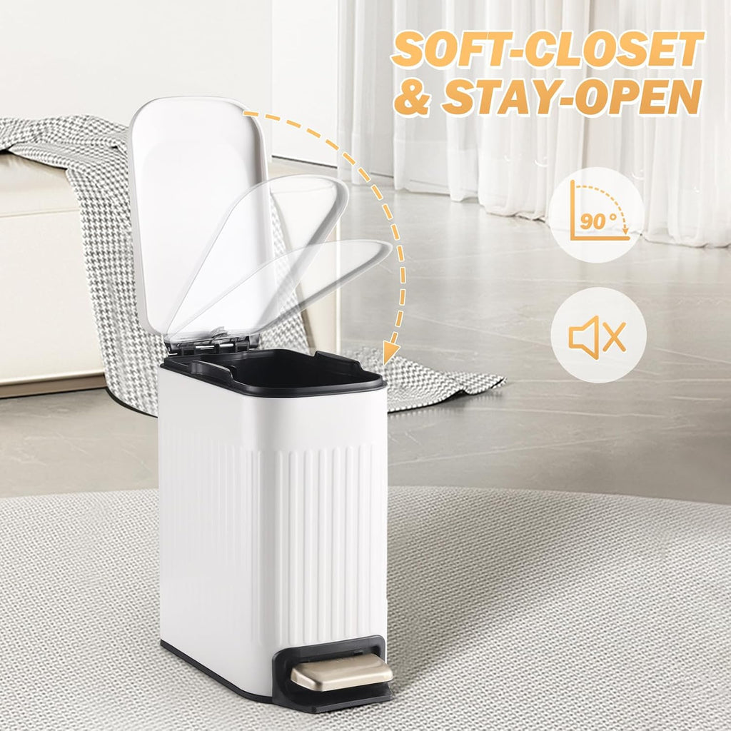 SYNCVIBE Slim Bathroom Trash Can - Soft Close Stainless Steel Step Bin with Removable Inner Bucket | Matt White, 1.8 Gallons