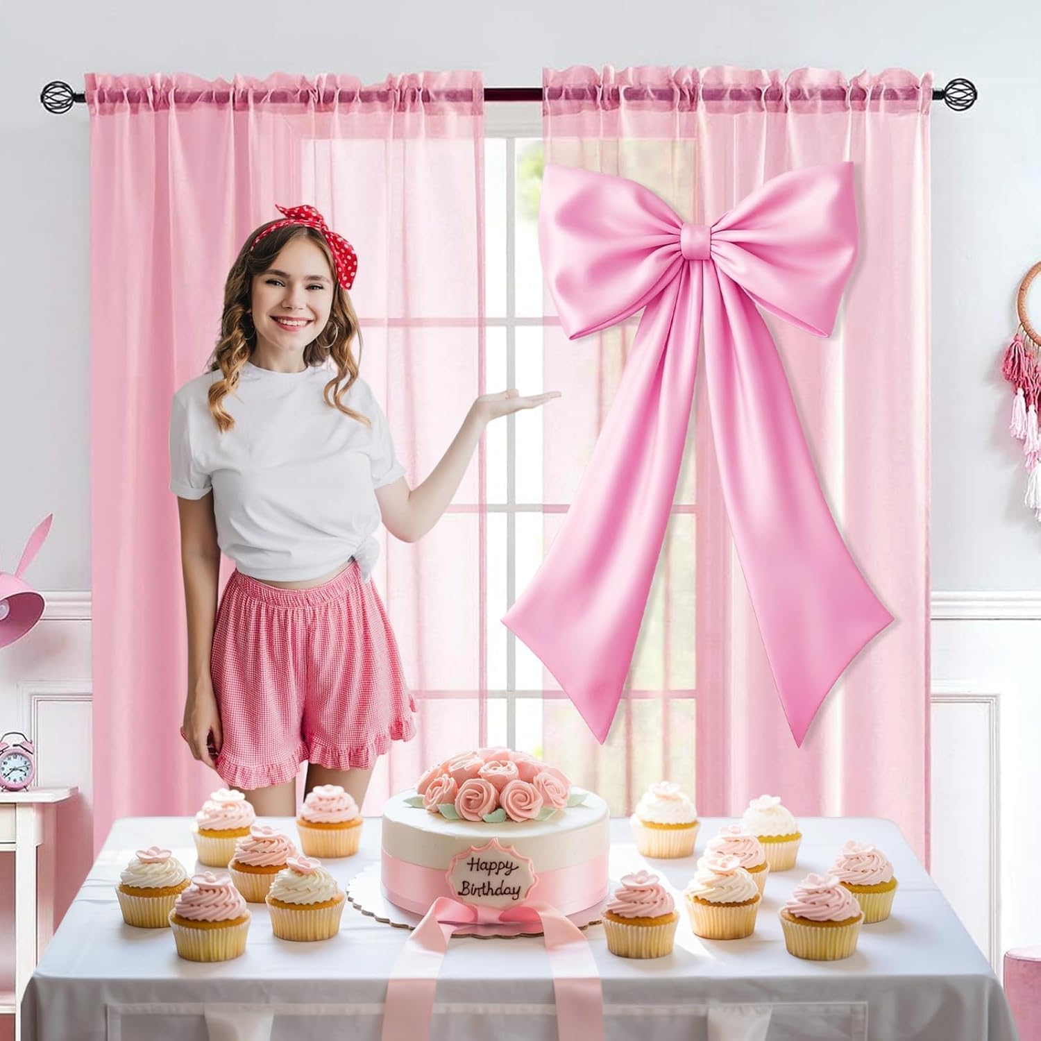 Skiennix Pink Bow Decor - 2 Pack Large & Small Coquette Wall Backdrop for Valentine's Day & Showers