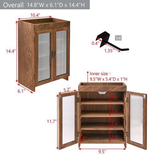 Ikee Design Wooden Countertop Storage Cabinet with Wavy Magnetic Door, Adjustable Shelves, Removable Hooks. Perfect for Perfume, Figurines, and Coffee Cups, Brown Color, 10.4 W x 6.1 D x 14.4 H in