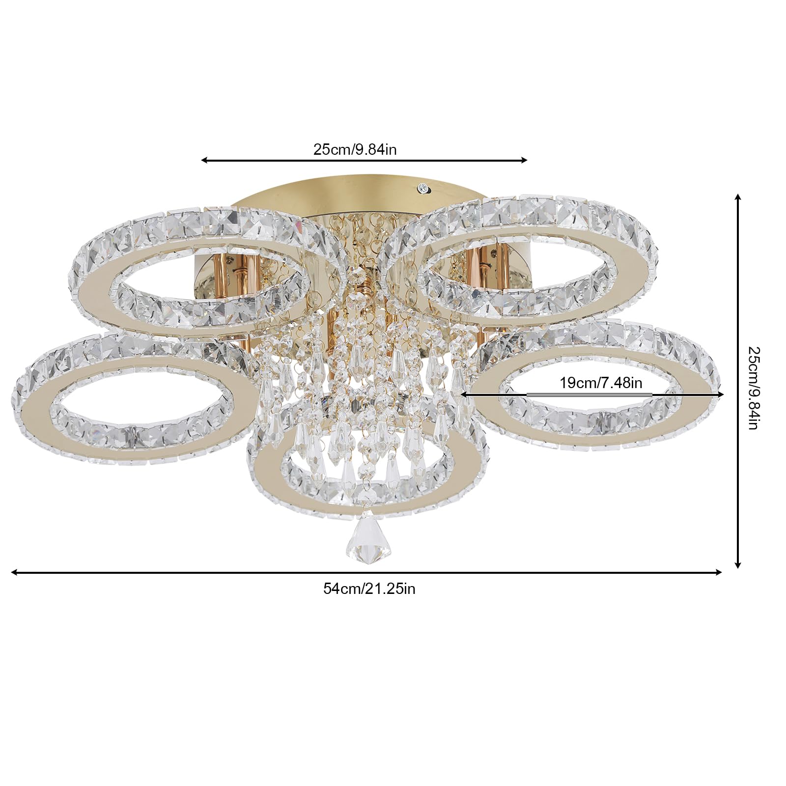 VETRULUS Modern Crystal LED Chandelier, 5-Ring Gold Flush Mount Ceiling Light Fixture for Bedroom, Dining Room, Living Room, Hallway – Dimmable