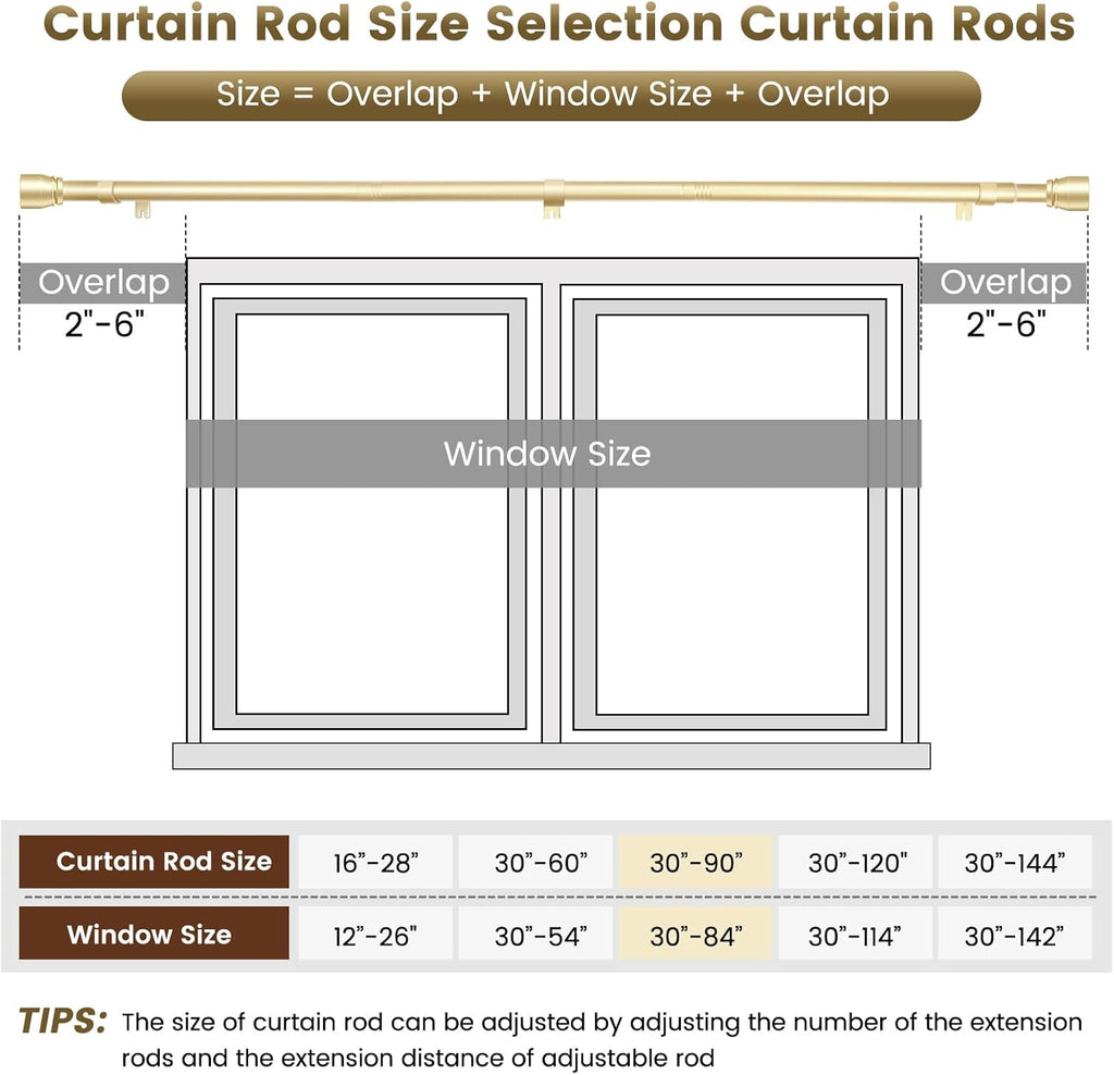 Skiennix 1-Inch Diameter Gold Curtain Rod - Heavy Duty Adjustable 30-90 Inch Length for 30-84 Inch Windows