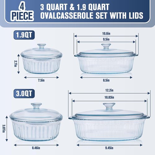 Glass Baking Dishes - 2 Pack Casserole Dishes with Lid | Oval Set for Lasagna & Leftovers, 1.9 Qt & 3 Qt