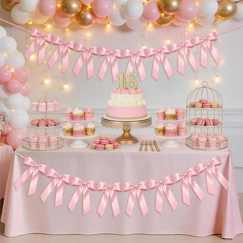 1-String Pink Bow Garland Banner, 8 Pre-Strung Double-Layer Ear Satin Ribbon Bows, Valentines Day Decor for Baby Shower Bridal, Birthday Wedding Party, Reusable Girls Coquette Room Wall Mantel Decor