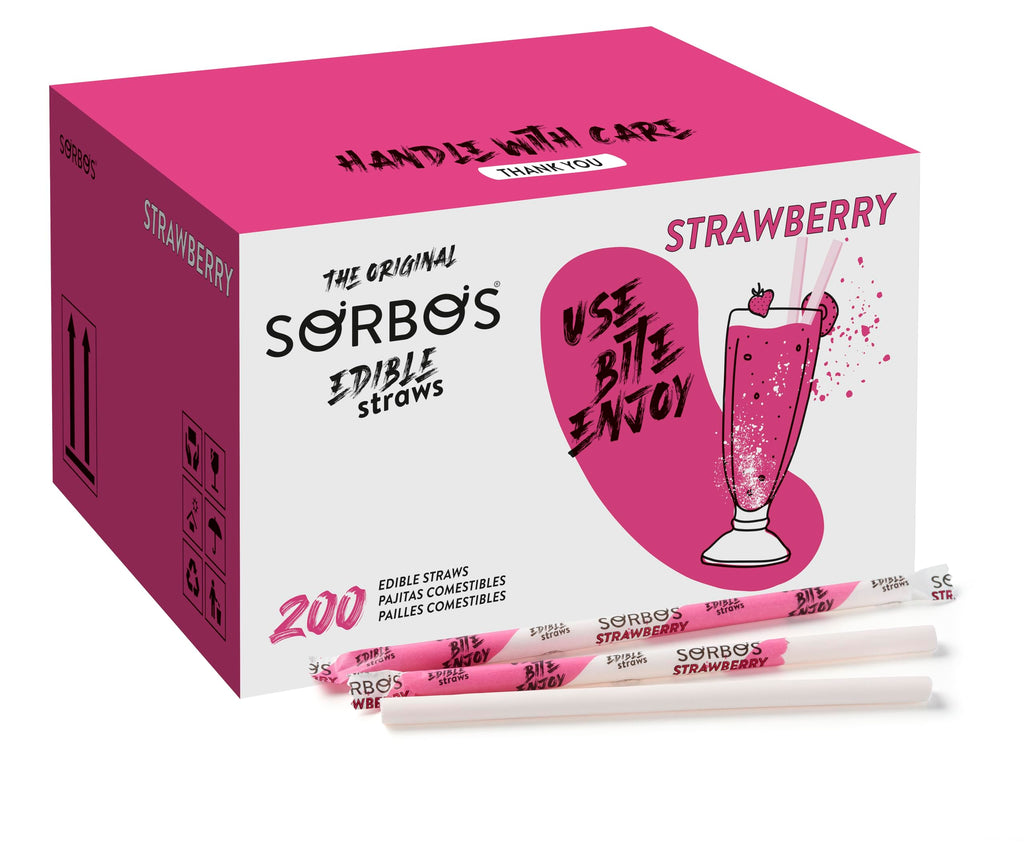 Sorbos Edible Straws, Strawberry Flavored, Sustainable, Individually Packaged, No Plastic, No Allergens, No Gluten, No PFAS, 100 Percent Biodegradable, 7.4 inches long (Pack of 200)